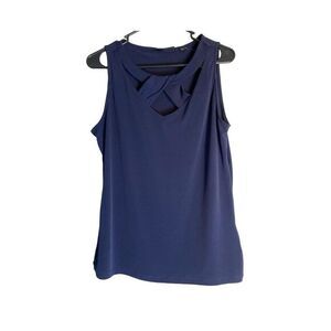 NEW YORK AND CO. SZ M BLUE CROSS FABRIC DESiGN‎ DRESS TOP NAVY SLEEVELESS
